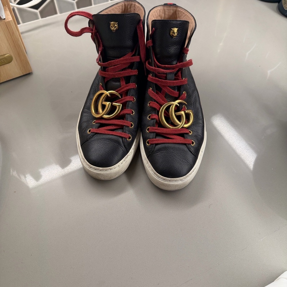 Gucci Navy Blue High-Top Sneakers with Red Laces